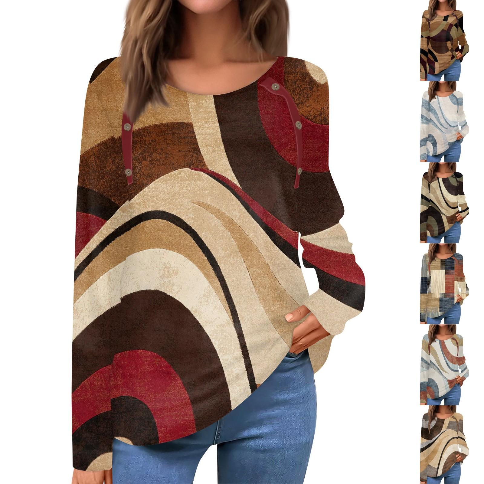 

Women s Fashion Casual Round Neck Long Sleeve Print Button Decorated T-Shirt Top