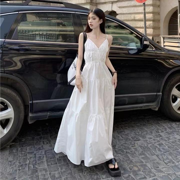French white fairy dress suspender skirt seaside vacation dress female slim summer skirt niche temperament long dress