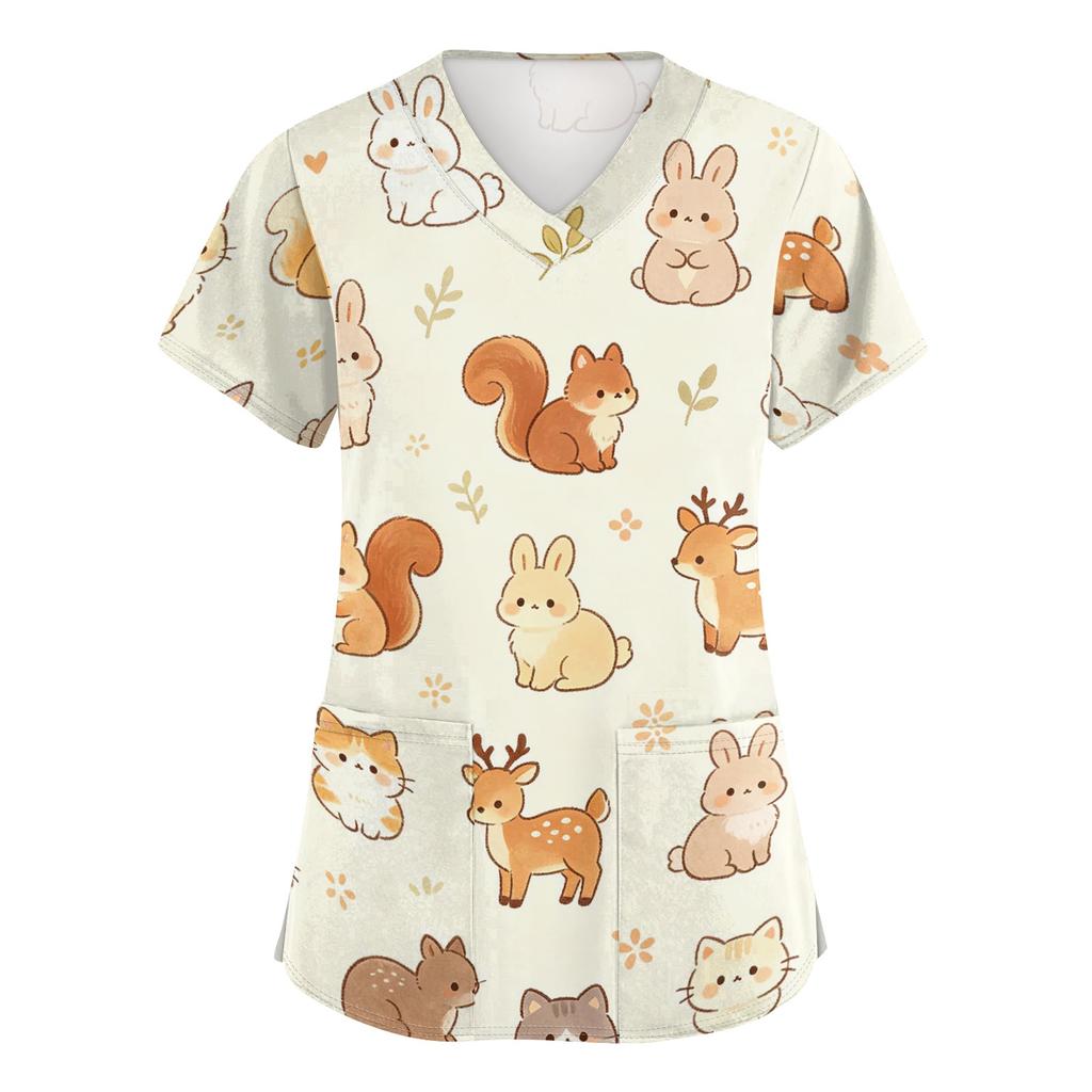 Women's V Neck Short Sleeve Work Top with Pockets Animal Print Medical Scrub Shirt for Healthcare Professionals Nursing Uniform
