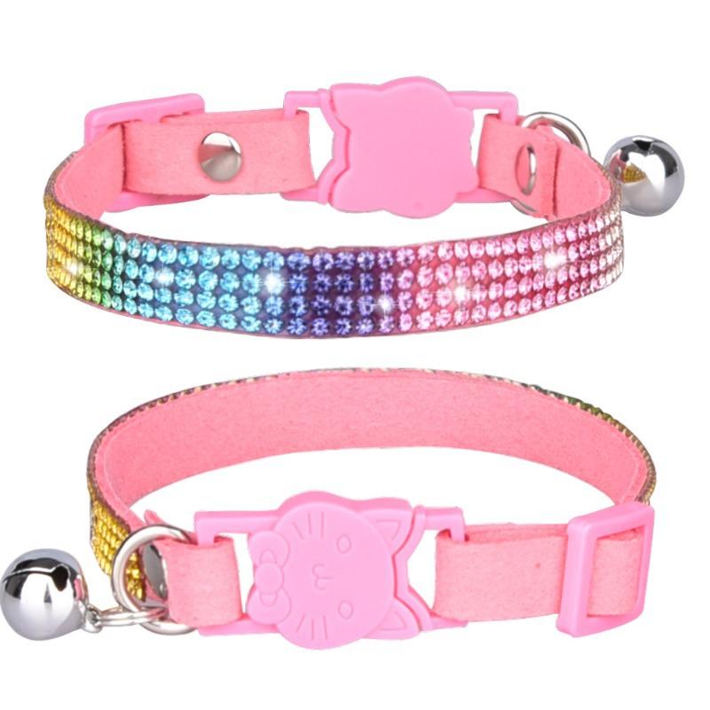 Pet Collar Shiny Rhinestone Color Anti-bridle Suede Soft and Comfortable Bell Style Cat Leash Collar