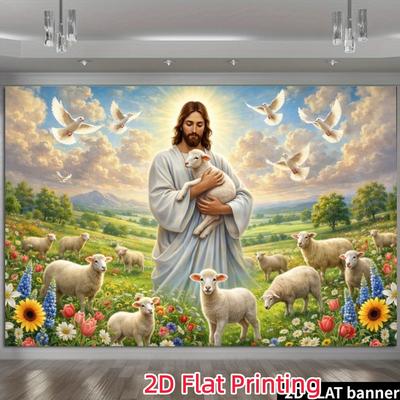 1 Piece of 2D Flat Photography Background Cloth a Party Banner Jesus Embracing the Lambzyc