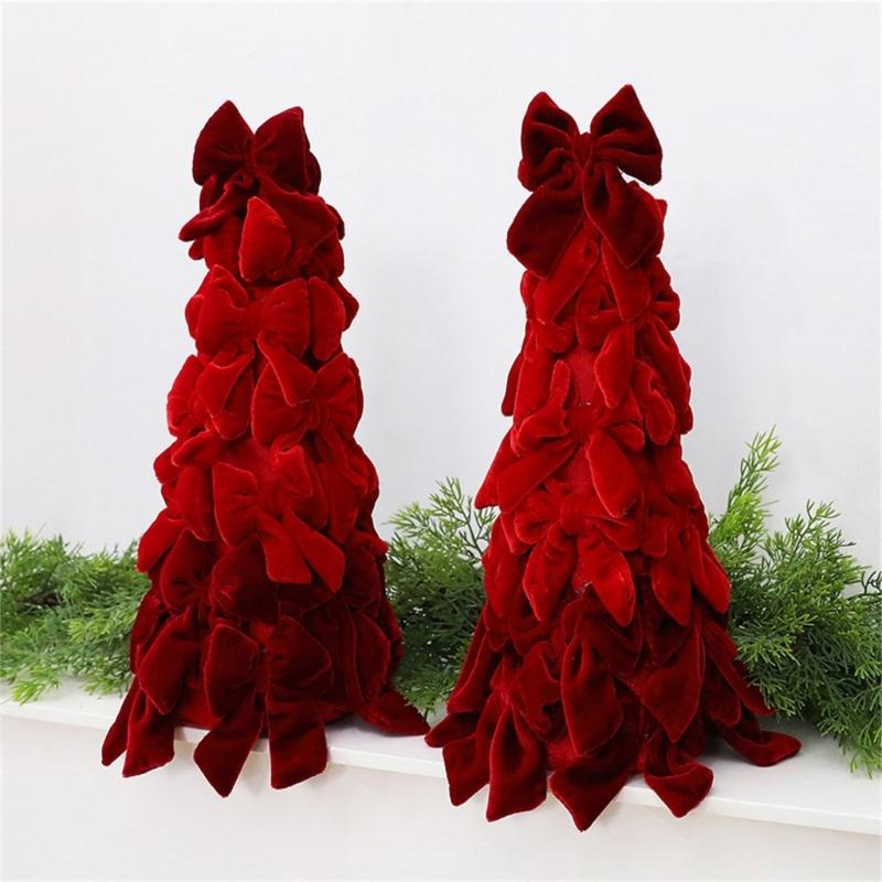 Red Christmas Tree Decoration Soft Velvety Layered Bowknot Tabletop Ornament for Holiday Tabletop Shelves and Mantels Indoor Display