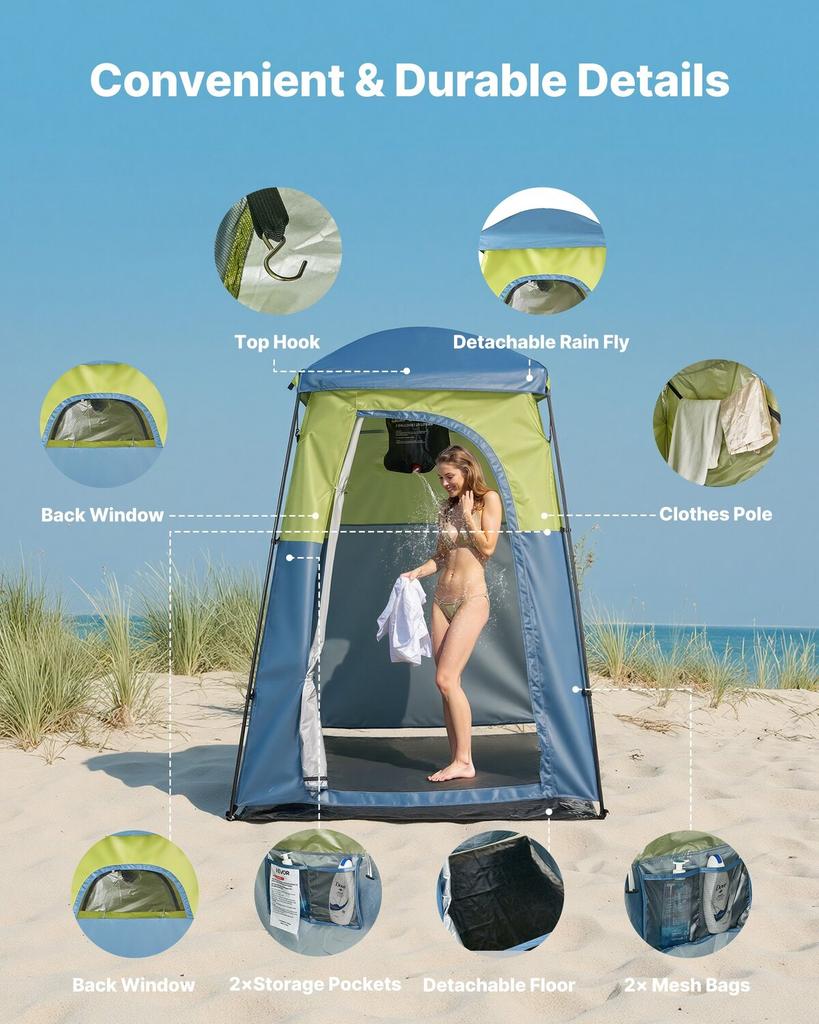 Camping Shower Tent, 1 Room, Portable Privacy Tent Changing Room with Shower Bag, Ground Stakes, Ropes, Carry Bag, and Support Poles, 150D Oxford