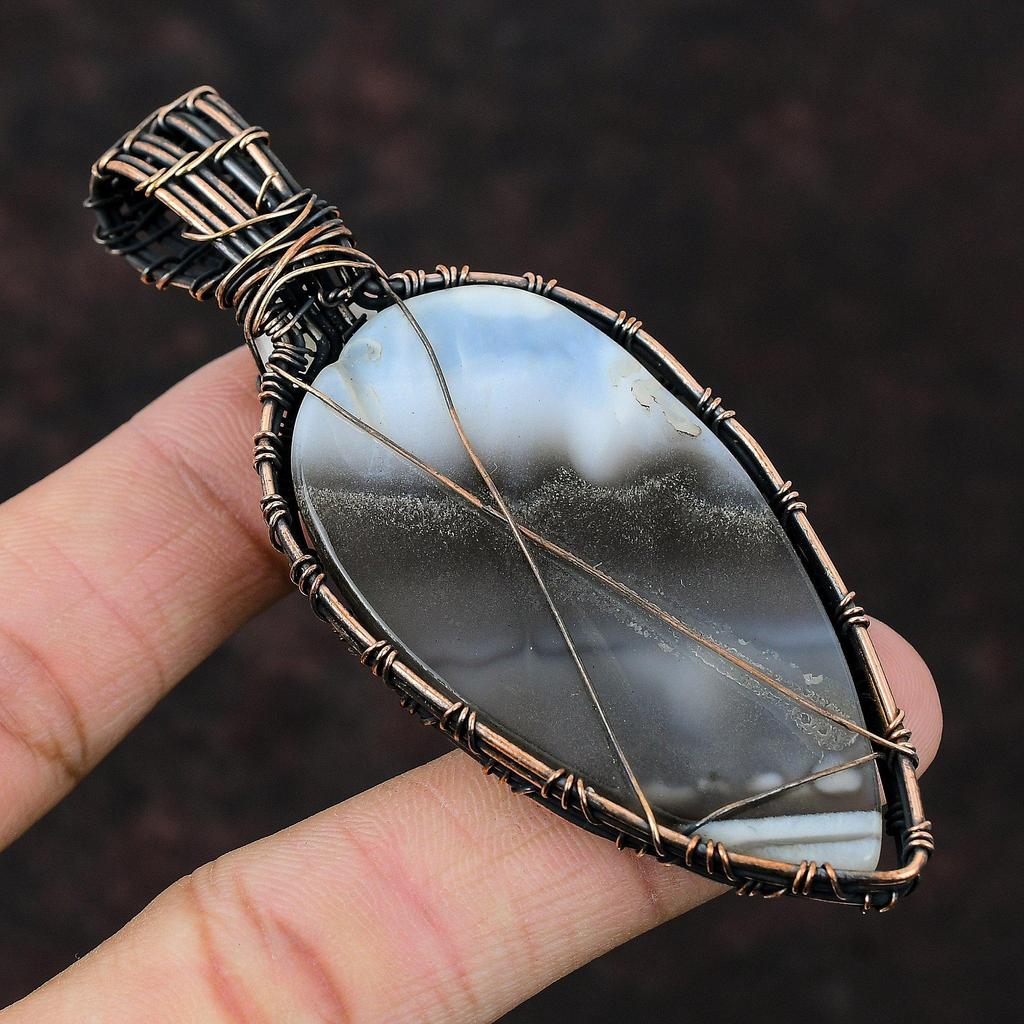 Owyhee Blue Opal Copper Wire Wrapped Pendant Handmade Gemstone Pendant Rainbow Moonstone Copper Jewelry Wrapping Stones Jewelry Gift For Her
