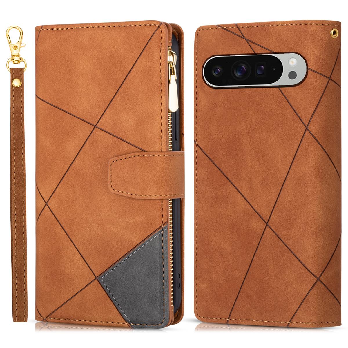 

For Google Pixel 9/9 Pro Wallet Case Color Splicing Leather Phone Cover with Stand Brown