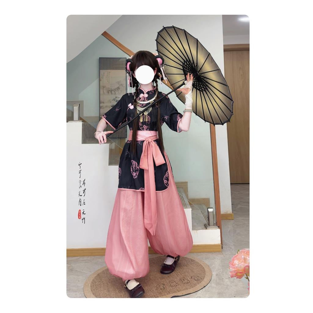 Kostium Cosplay w Stylu Chińskim, Zestaw Topu z Kołnierzykiem Stojącym i Spodniami typu Lampion, Codzienny Vintage Kostium Hanfu