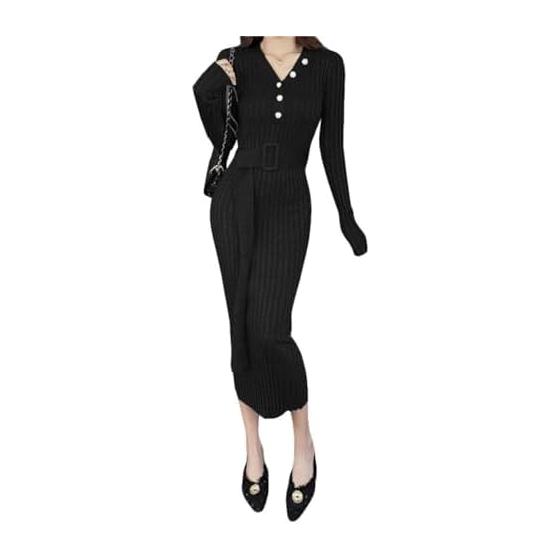 [Ptor] Knit Dress, Women s, Long Sleeve, Tight Dress, Long Length, Rib Knit Sweater, V-Neck, Beautiful Knit Dress, Belt Included, Tight, Slimming,