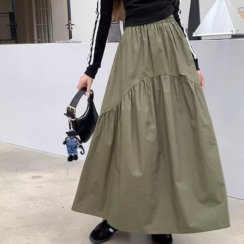 Spring New Elastic High Waist Fashion Loose Long Skirts Women Pleated Patchwork Summer A-line Skirt Female Elegant Temperament Simple Lady Skirt 26290
