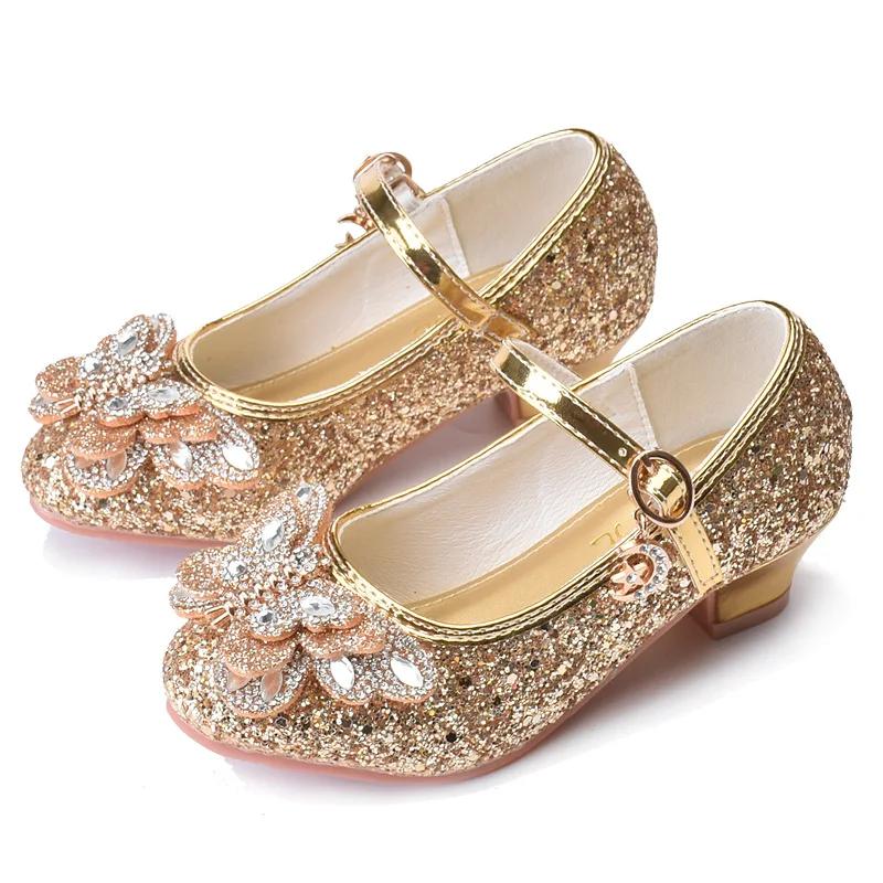 Fashion Children Princess Shoes Glitter Rhinestone Girls High-heels Leather Shoes for Party Wedding Kids Versatile Single Shoes