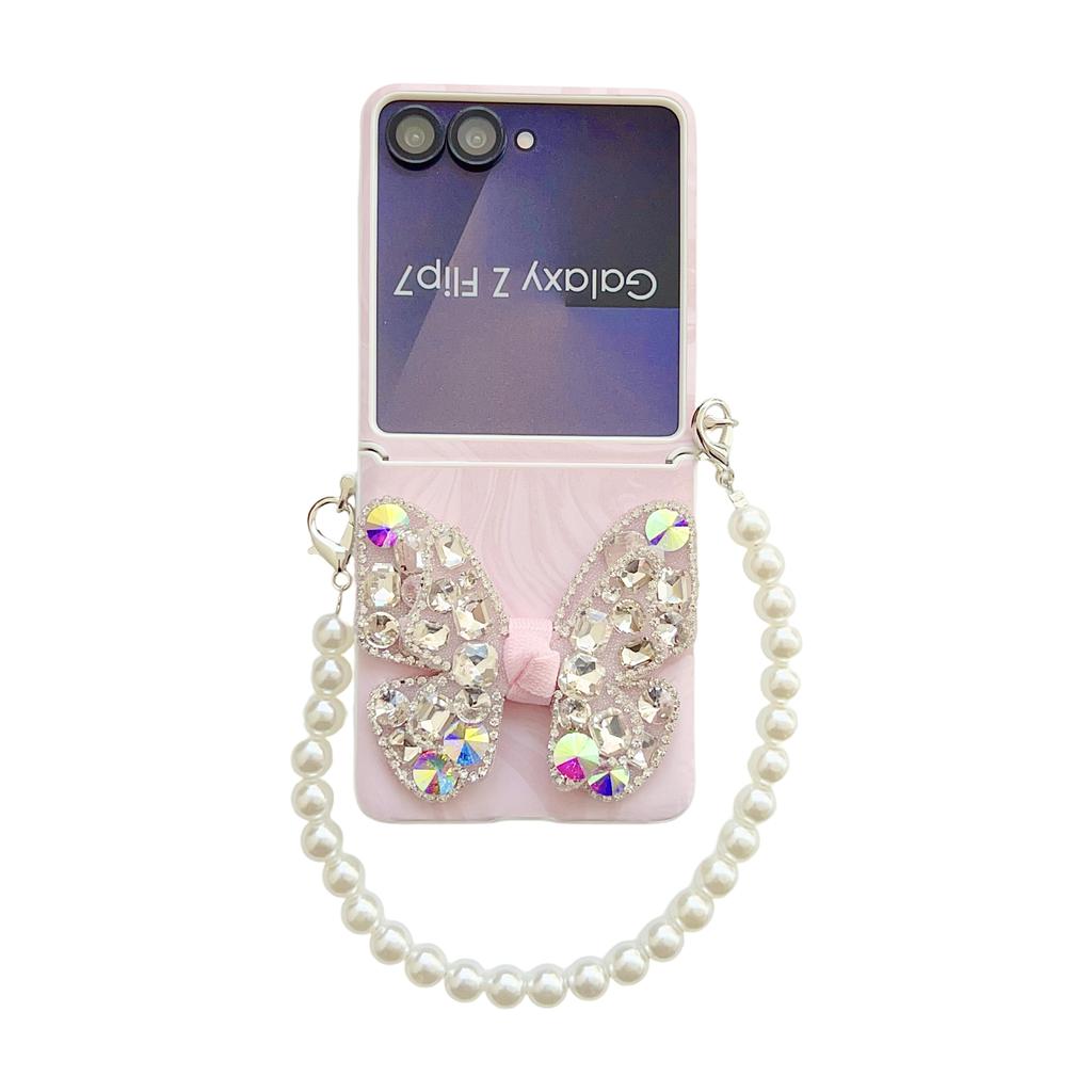 Butterfly Diamond and Gorgeous Pearl Wrist Phone Case for Samsung Galaxy Z Flip 7 FE 6 5 4 Start Wrist Strap Protective Cover