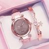 Watch Silver Pink Rhinestone Face Women's Watch Frosted Leather Strap Women's Casual Trend Two-piece Set Watch