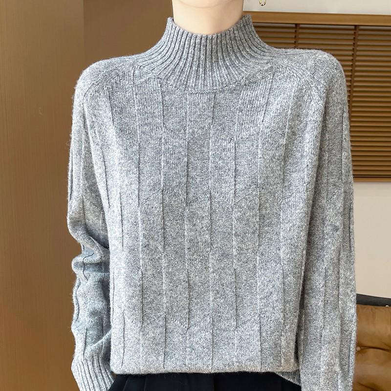Thick Knit Half-High Collar Wool Sweater - Loose Fit Pullover