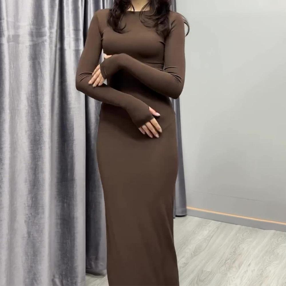 Women's Crew Neck Long Sleeve Maxi Dress Slim Fit High Waist Solid Ruched Bodycon Club Dress