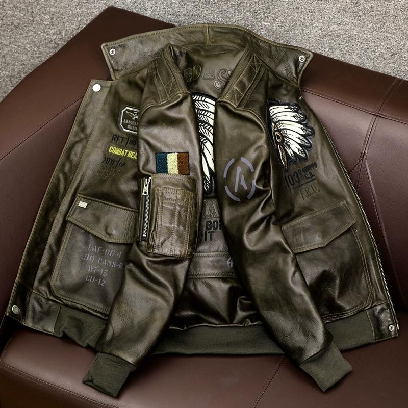 New Biker Jacket Men Genuine Leather Short Coat Horsehide Flight Bomber with Indian Embroidery