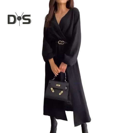 

Платье женское осень-весна с V-образным вырезом, длинными рукавами, высокой талией, разрезом по низу, свободное, однотонное, для поездок на работу и свиданий, макси-платье M чёрный