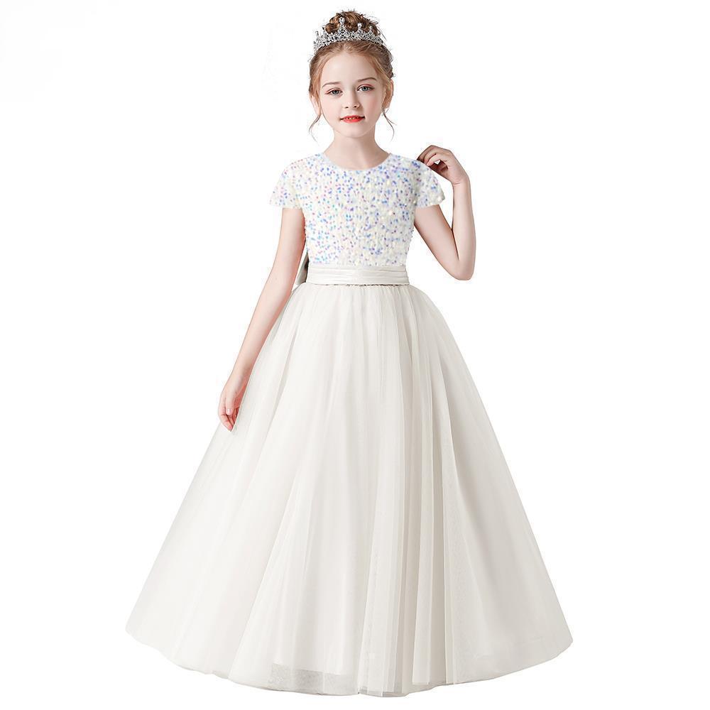 Princess Dress for Children Sparkly Sequin Short Sleeve Flower Girl Dress Tulle Kid Birthday Party Pageant Prom Gown Junior Bridesmaid