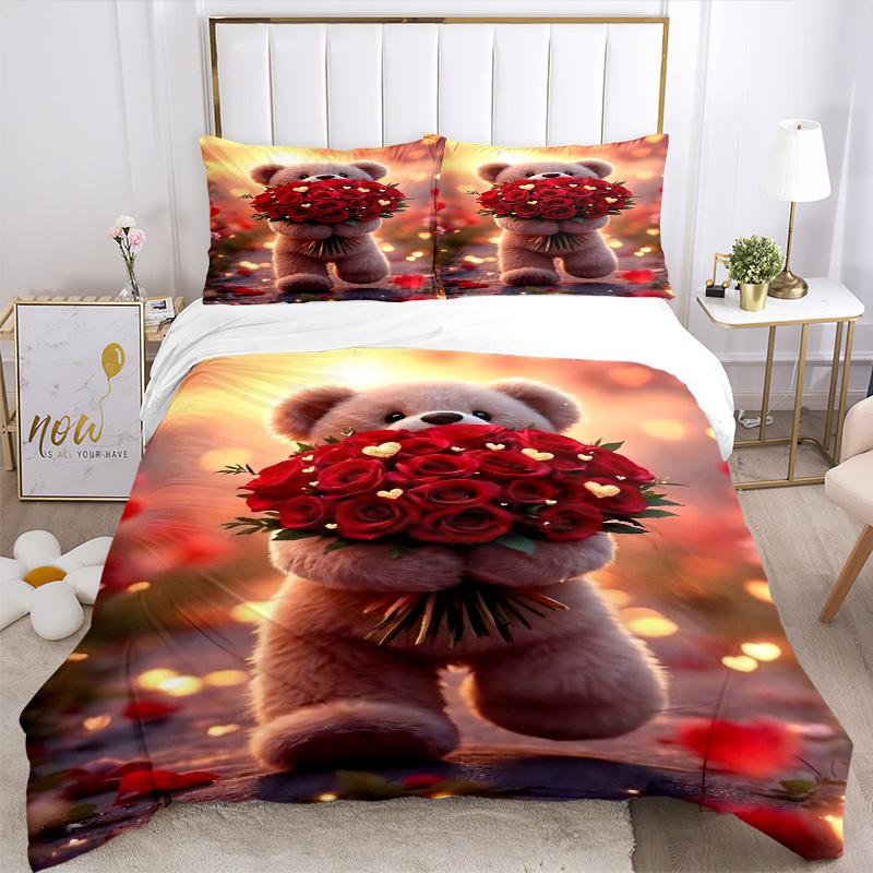 3pcs Anime Teddy Bear Roses Bedding Set - Includes One Quilt Cover and Two Pillowcases (No Core) - Home Decor, Festival Gift, Polyester Fabr