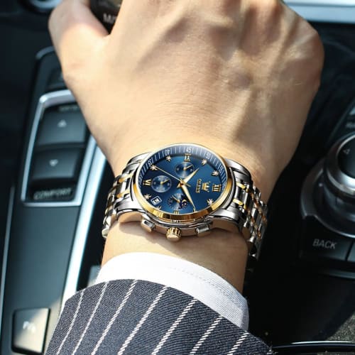 OLEVS Watch for Men Moon Phase Timer Quartz Stainless Steel Band Simple Fashion Waterproof Luminous Date Watch for men Blue