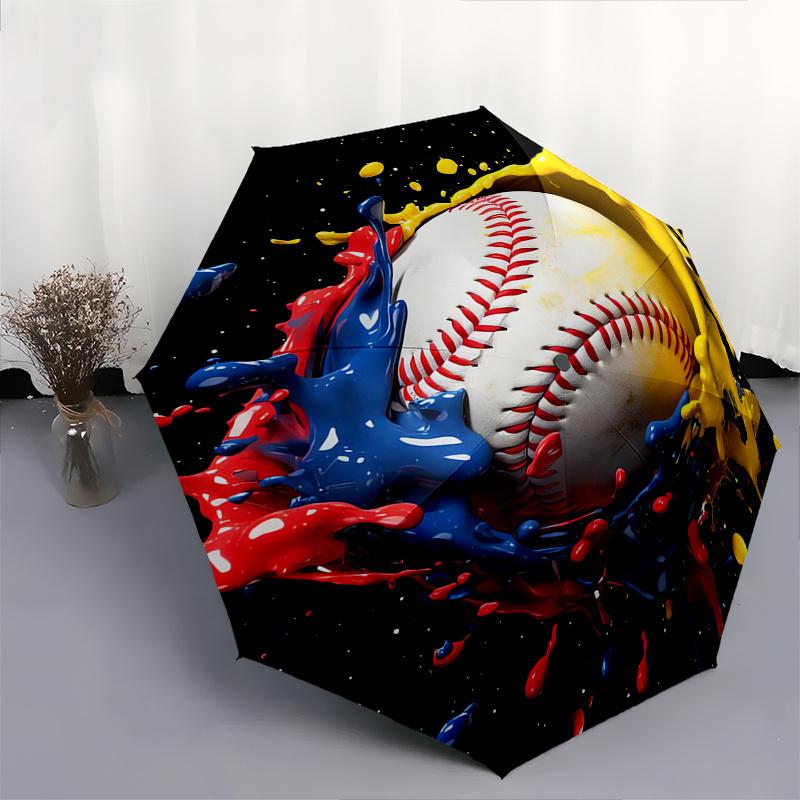 Baseball, Paint Splatter Automatic folding umbrella simple eight rib design, bright color pattern, durable iron frame, ideal for travel and