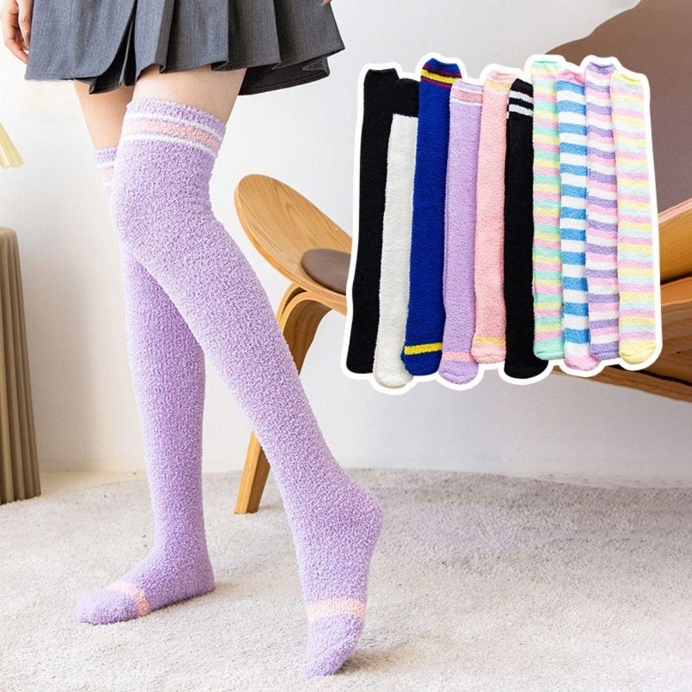 Coral Velvet Over Knee Socks Warm Cozy Lined Terry Socks Fuzzy Striped Stockings Winter
