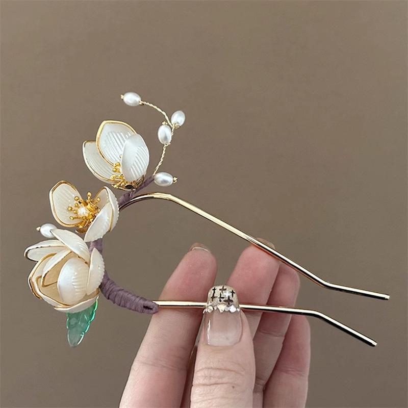 1Pcs Party U-Shaped Hair Pin Hair Accessories Elegant Retro Magnolia Flower Alloy Hair Clip Perfect For Curling Or Straight Hair