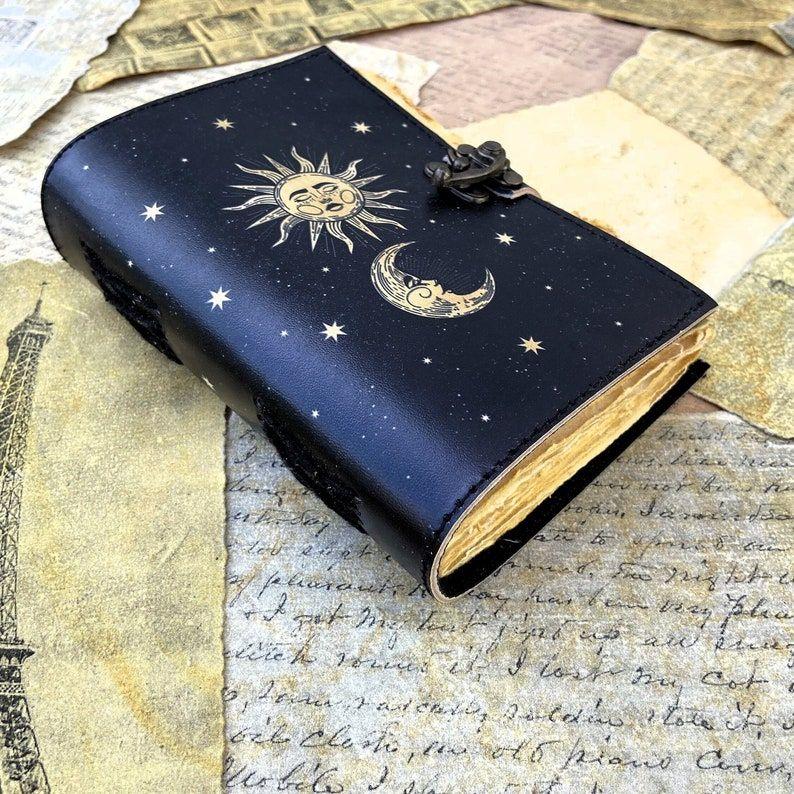 Vintage look Leather Journal leather notebook Handmade Beautiful Sun Moon Sketchbook Writing Journal Antique Deckle Edge Paper C-Lock Travel