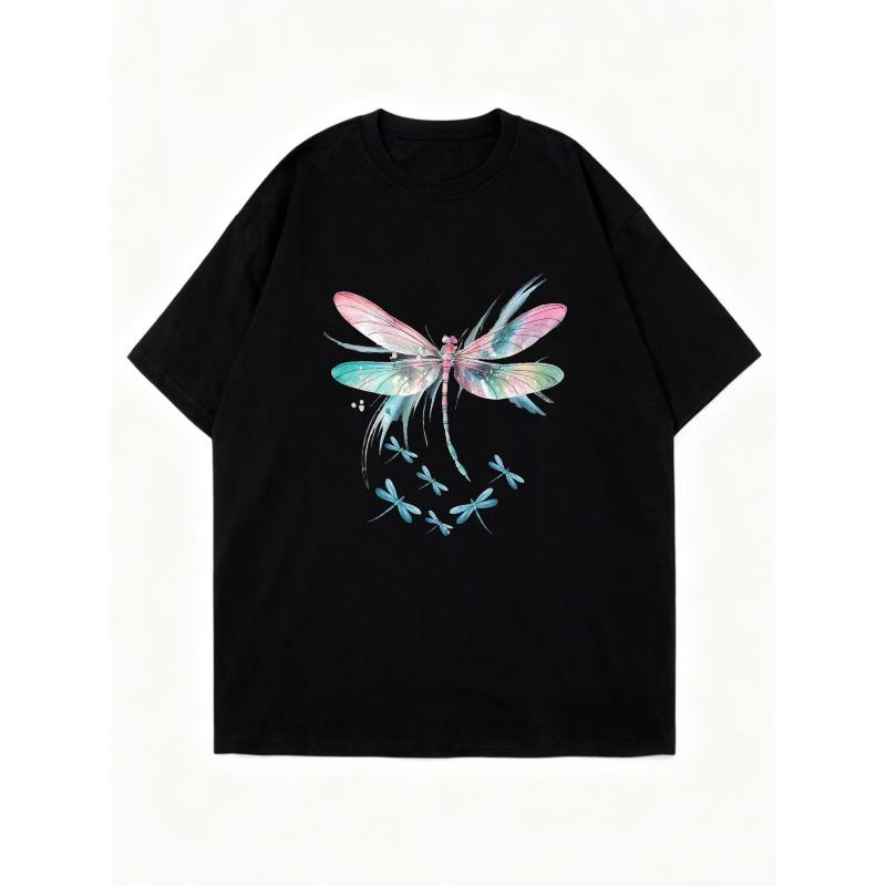 Oversized T Shirt Black Dragonfly Print And Small Dragonflies Summer Casual Wear
