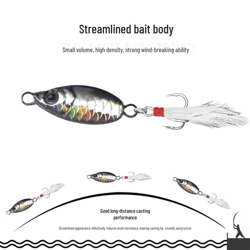 Blue Fish Scale Long Cast Iron Plate Bait with Feathered Hook for Sea Fishing, 5g-20g