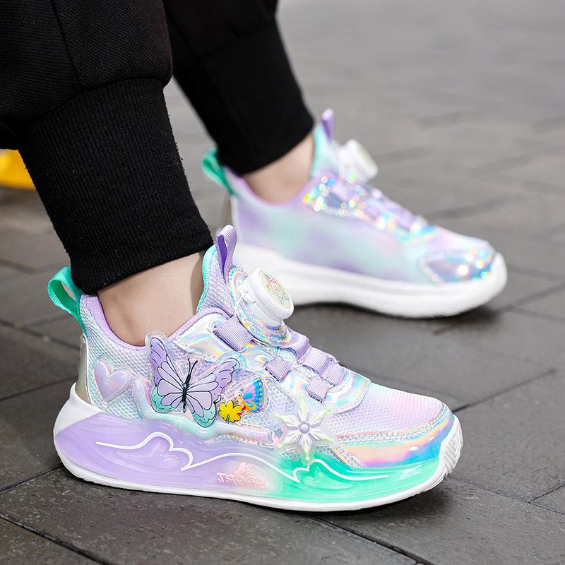 Atmungsaktive Netz-Sportschuhe für Mädchen 2025: Weiche Sohle, Leder, Wasserdicht, Drehverschluss für mittelgroße und große Kinder