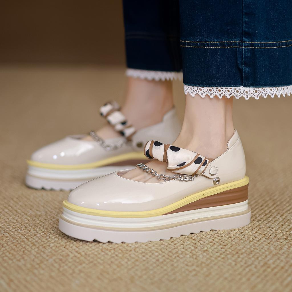 Niche Light Luxury 2025 Women's Shoes High-heeled Soft Leather Foreign Trade Retro Single Shoes Low-top Thick-soled Wedge Heel Single Leather