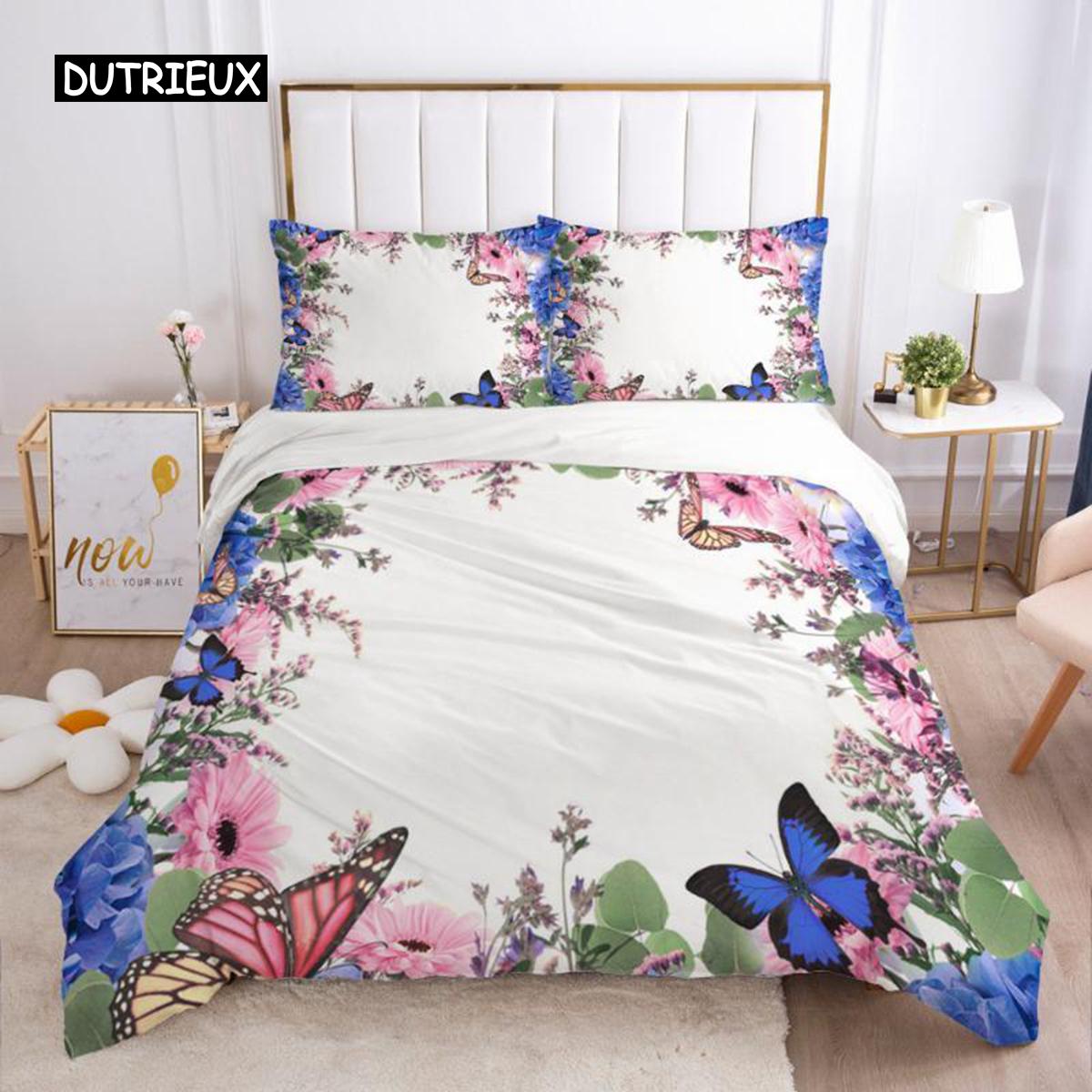 

Butterfly Quilt Cover Kit Pink Butterflies Rose Printed Comforter Cover Kit for Girls Teens Women Spring Fresh Theme Quilt Cover Soft and Comfortable EU single(135x200cm)
