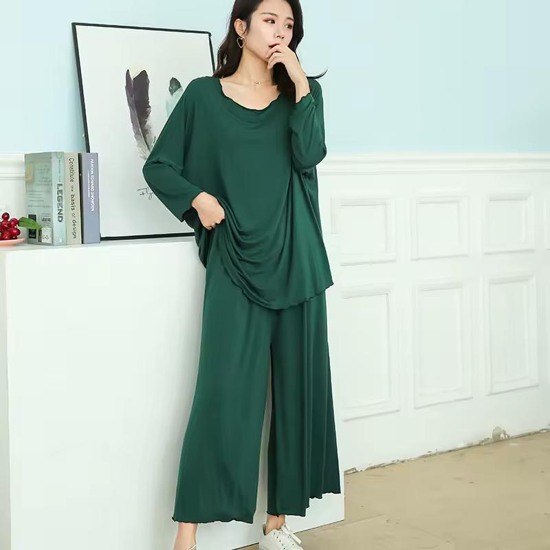 Large Size Home Suits Women Spring Autumn Loose Long-sleeved Pajamas Two-piece Set Nine-point Wide Leg Pants Pijama Sleepwear Femme