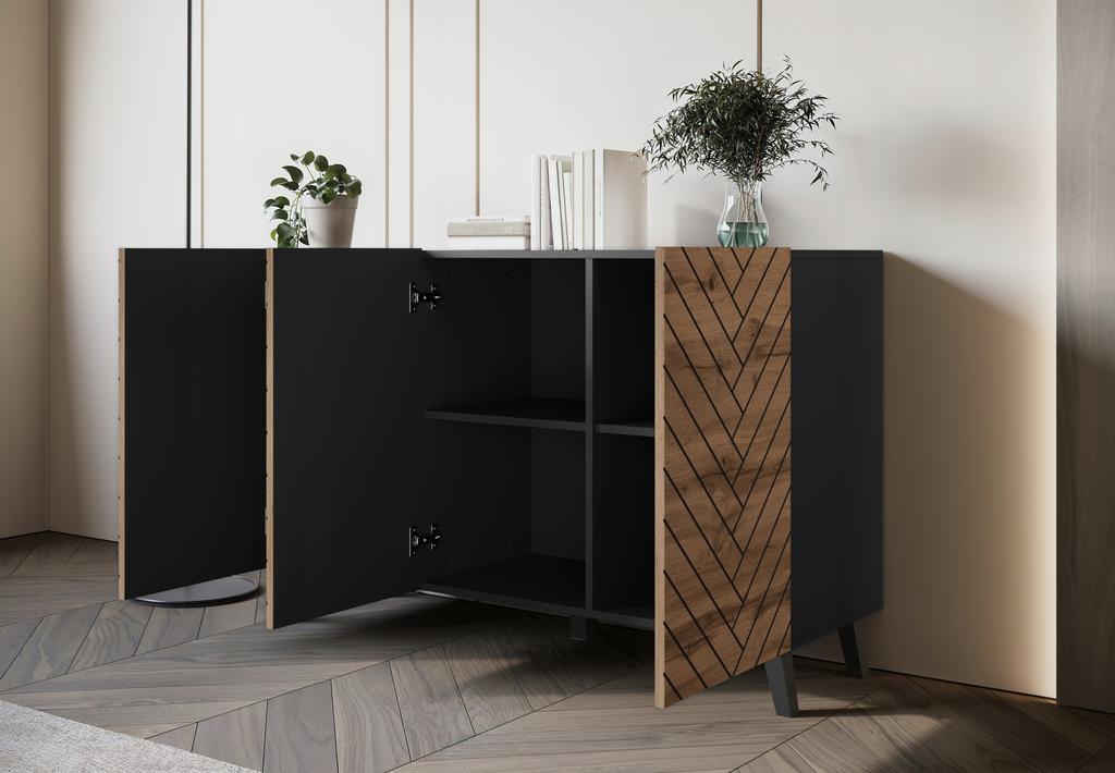 120 cm living room chest of drawers on legs, black graphite, MDF fronts wotan herringbone