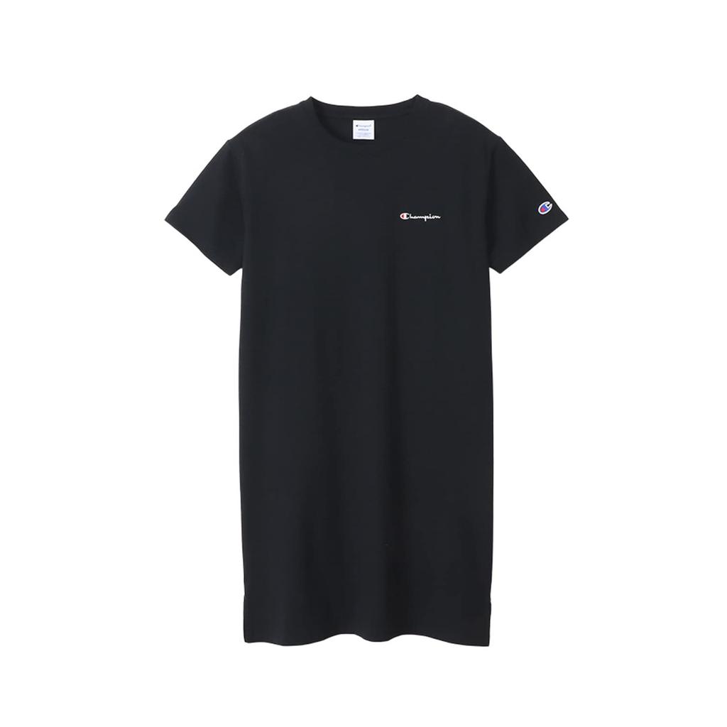 Shirt Dress Short Sleeve Round Neck COTTON USA Script Logo Embroidery Relax Fit One Piece Dress Basic Black L [Champion] Women's CW-X339