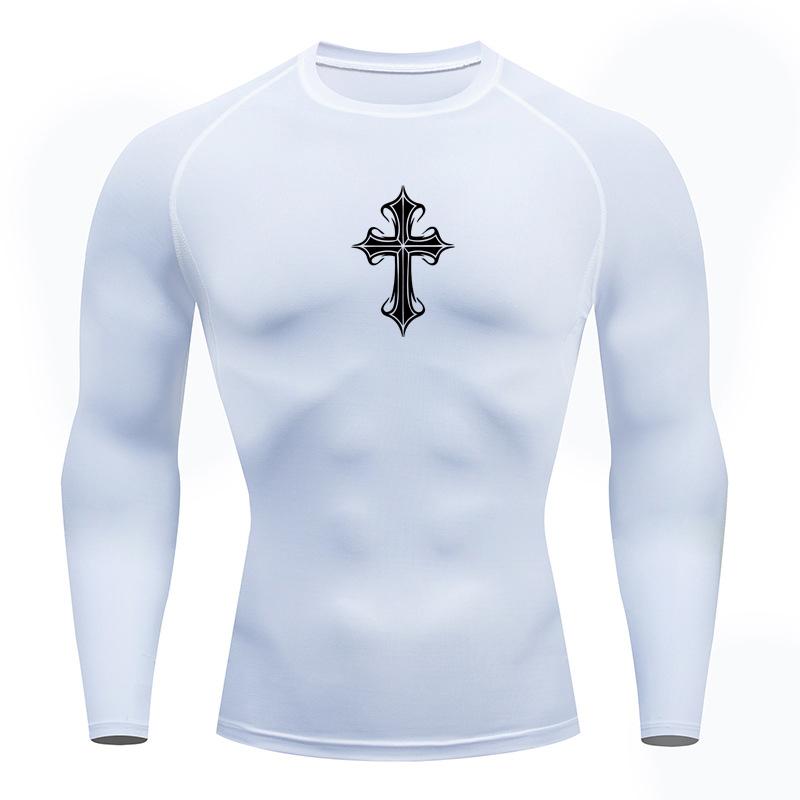Cross Print Compression Shirts for Men Athletic Quick Dry Tshirt Tees Tops Gym Workout Running Rash Guard Baselayers Undershirts