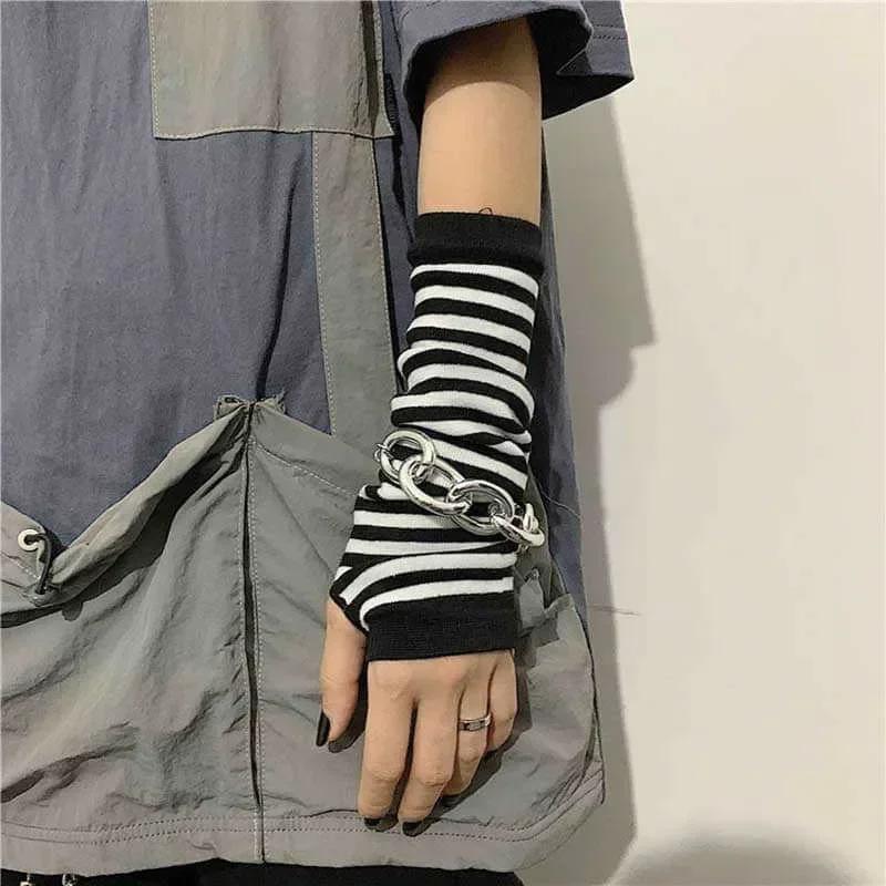 

Unisex Fingerless Gloves Gothic Punk Anime Women Girl Elbow Stripe Mittens Stretch Windproof Warm Women Thin Knitted Arm Cover One Size