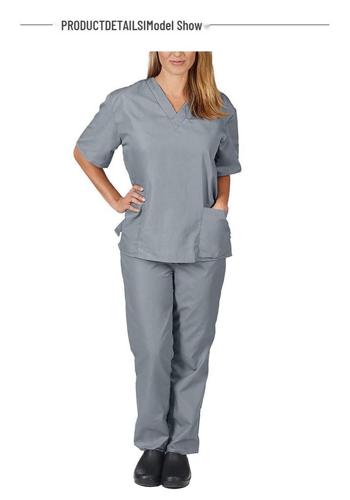 Einfarbige V-Ausschnitt Stilluniform für Damen mit Taschen