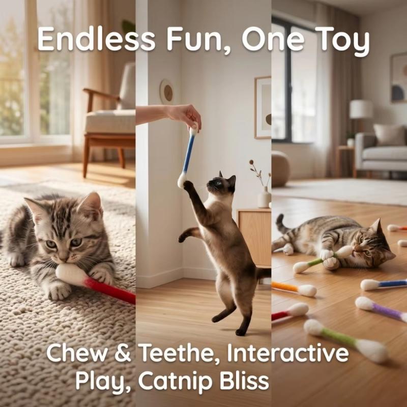 6pcs Wool Felt Cotton Swab Cat Teaser Toy Double End Bite Stick For Indoor Cats Interactive Chew Play Soft Touch Toy For Kittens
