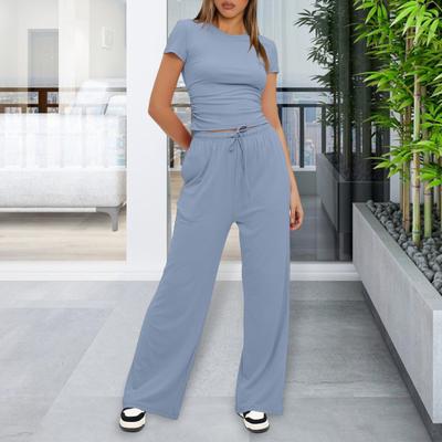 Women's Casual Two-Piece Outfit Set Slim Short Sleeve Top High Waisted Wide Leg Pants Set Female Lounge Tracksuit