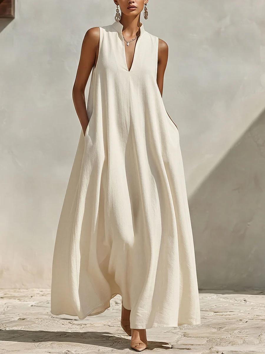 Linen sleeveless dress 2026 summer new cross-border beige loose pendulum temperament long dress v-neck S белый