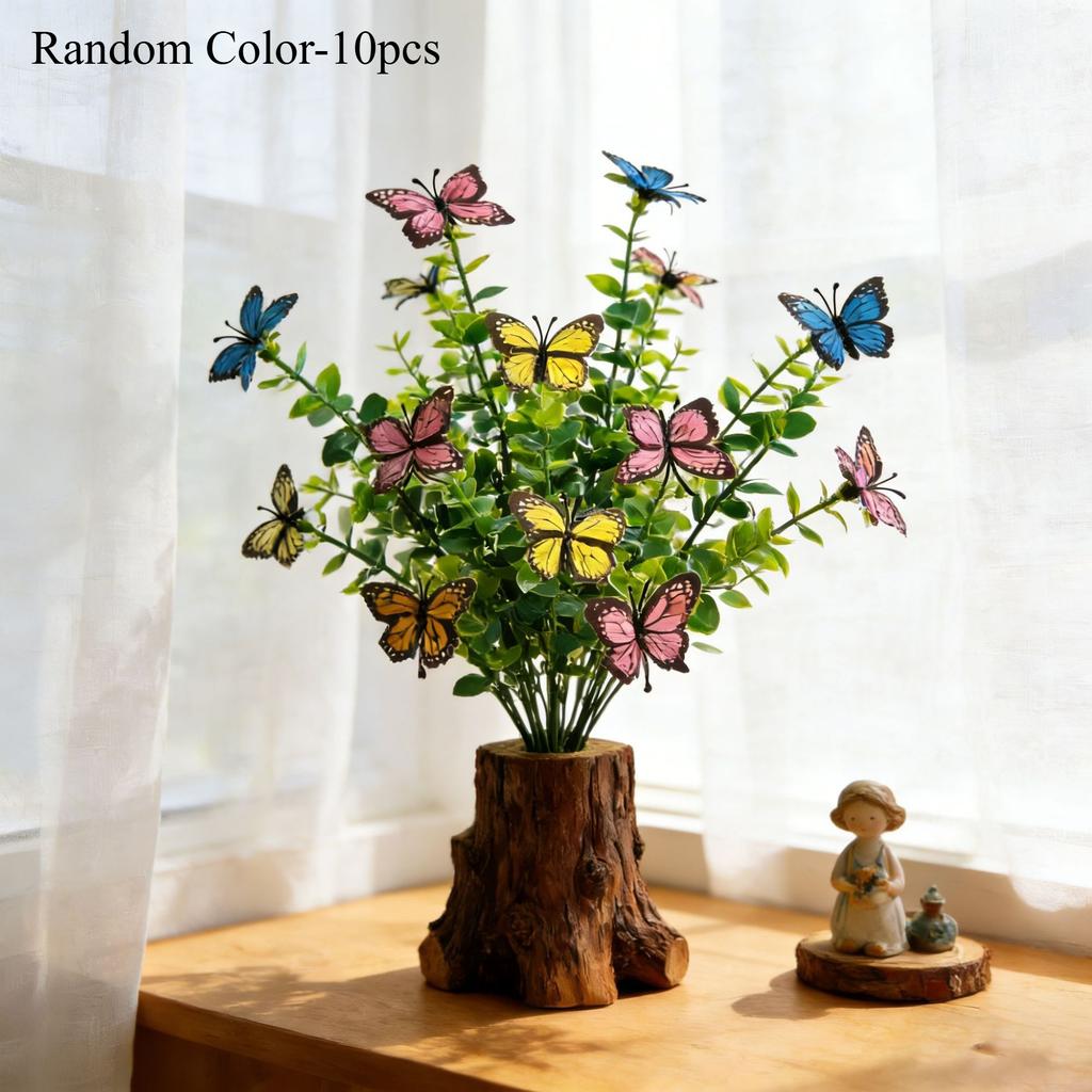 10pcs Colorful Butterfly Stems with Green Leaves In Wood Pot Artificial Butterfly Picks for Autumn Decor Home Decoration