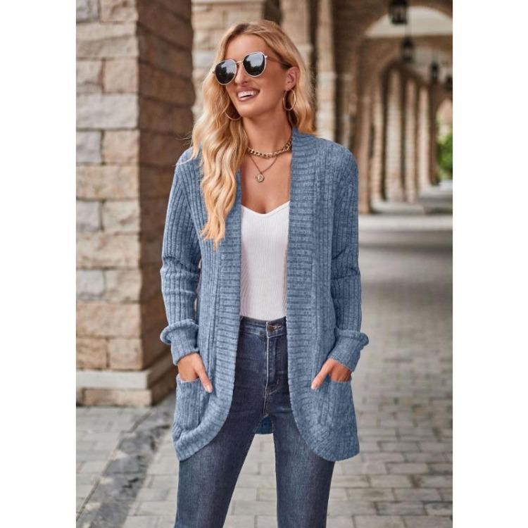 Women's Versatile Long Sleeve Cardigan Solid Color Pocket Spring Fall Clothing