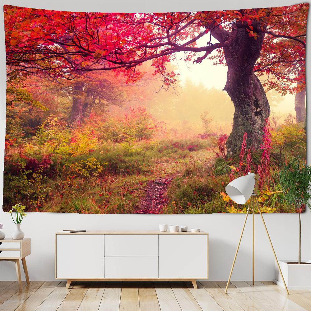 Foresta Autunnale Arancione Arazzo da Parete Appeso Luce Solare Decorativo Tappeto da Parete Bohemien Grande Mandala Indiano Poliestere Coperta Sottile