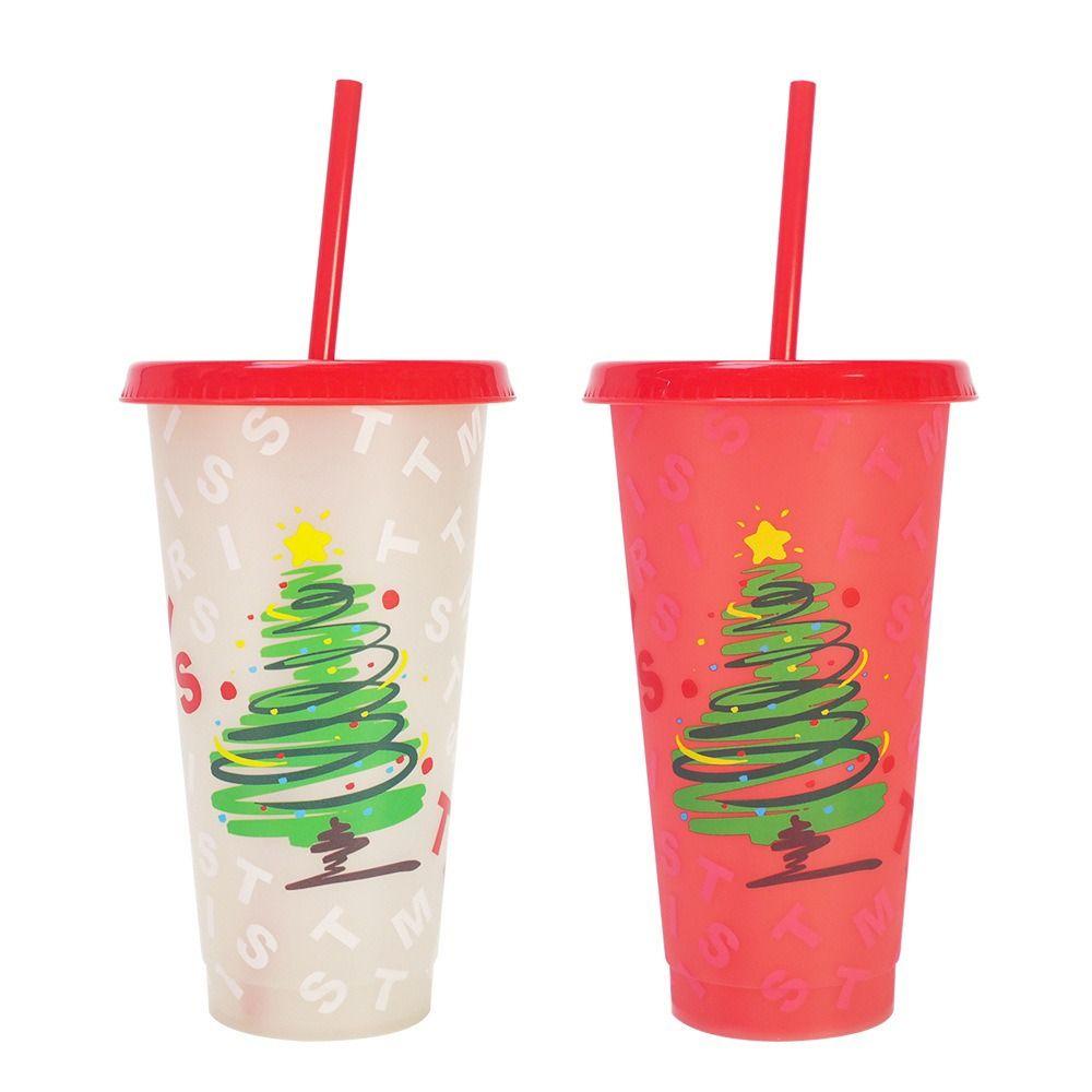 24oz Capacity Color Changing Cup With Straws With Lids Iced Coffee Cup Reusable Plastic Material Cold Drink Cup Christmas Party
