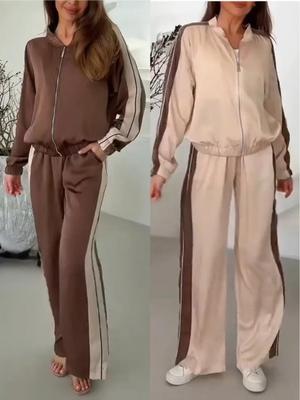 2025 Spring & Autumn Fashion Solid Color Splicing Jacket & Wide-Leg Long Pants Set