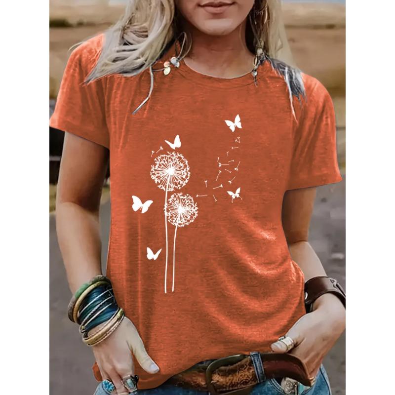 Dames T-shirt met paardenbloempatroon, ronde hals, korte mouwen, casual en modieus
