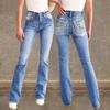 Damen High Waist Doppelknopf Bootcut Jeans Frühling Sommer Gesäßtasche Bestickt Dehnbar Slim Fit Volle Länge Denim Hose