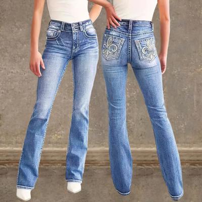 Damskie Jeansy Bootcut z Wysokim Stanem i Podwójnym Guzikiem Wiosna Lato Haftowane Tylne Kieszenie Elastyczne Wąskie Dopasowanie Pełna Długość Spodnie Jeansowe