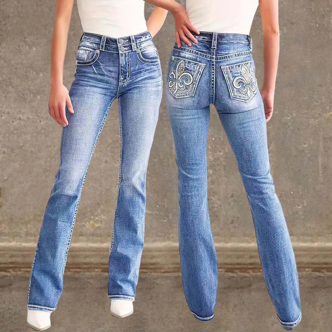 

Женские джинсы Bootcut с высокой талией, двойная пуговица, весна-лето, вышивка на заднем кармане, эластичные, узкие, полной длины, из денима S синий
