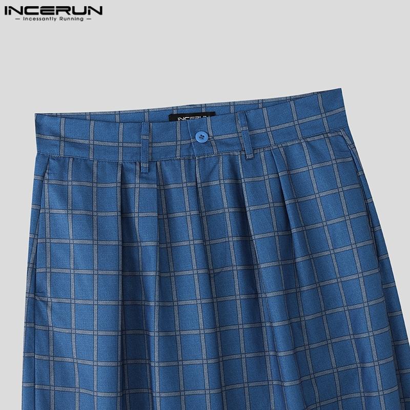 INCERUN Men Casual Zip-up Waist Plaid Wide Legs Pants Long Trousers